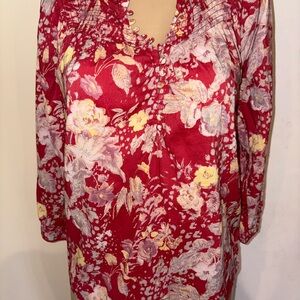 Paige Red Wallpaper Floral Tunic Top Shirt S Smocked Peasant Boho Romantic NEW